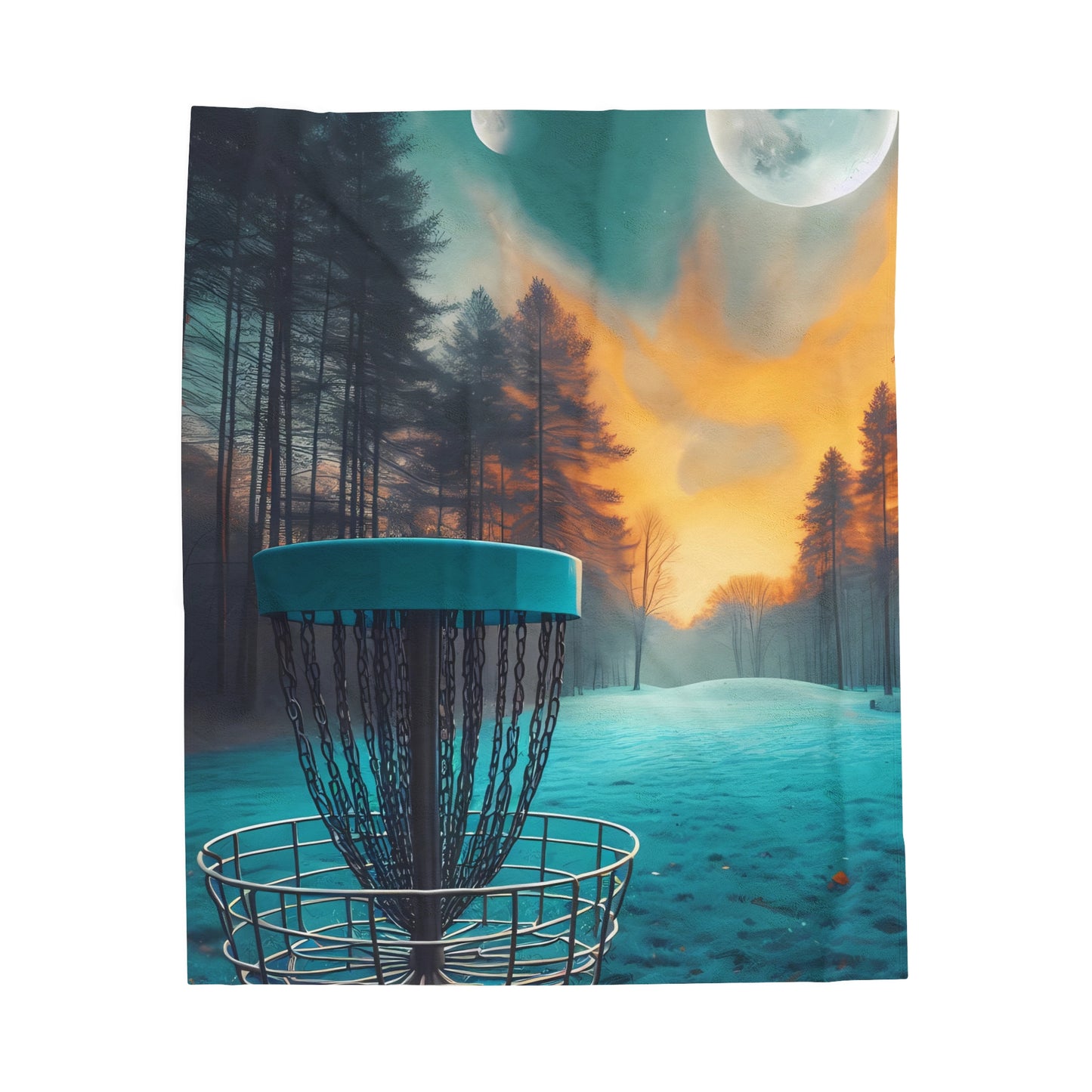 Velveteen Plush Blanket - Disc Golf Basket Landscape with Moons