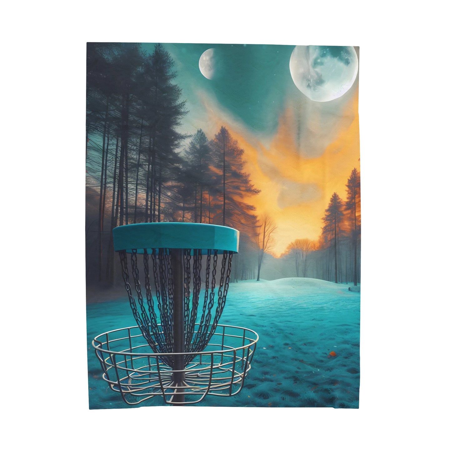 Velveteen Plush Blanket - Disc Golf Basket Landscape with Moons